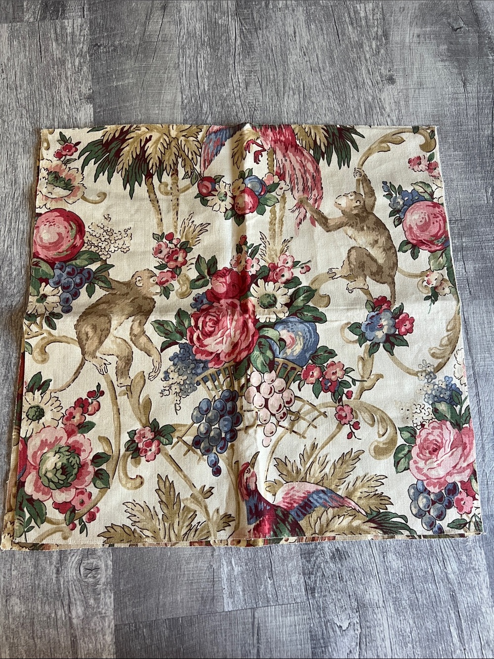 Vintage Chinoiserie Tropical Monkey Floral Fabric Remnant Bundle - 3 Pcs